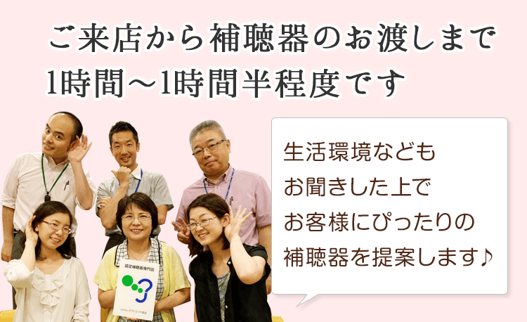 ご来店から補聴器のお渡しまで1時間~1時間半程度です