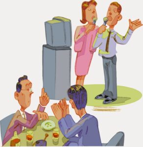 騒がしい場面で会話をしているイメージ絵