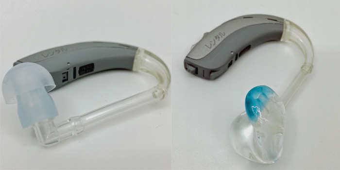 左は既製のゴム耳せん、右はオーダーメイド耳せん（イヤモールド）