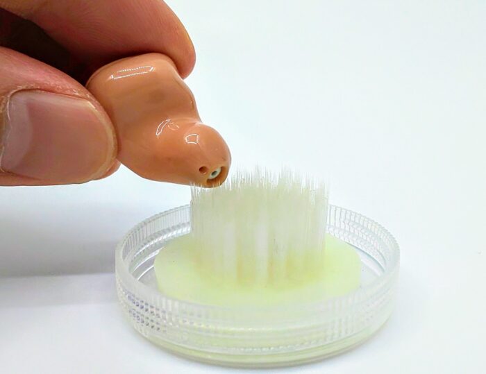 専用のブラシで音の出口にブラシをかける様子