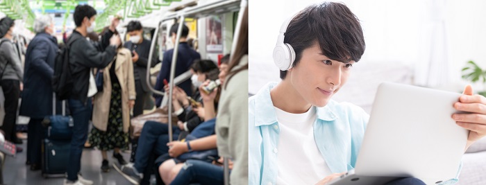 電車内の騒音とイヤホンで聞くイメージ画像