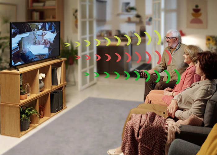 一つのテレビの音声を視聴者一人ひとりが、自分の好みの音量で聴くことができる。